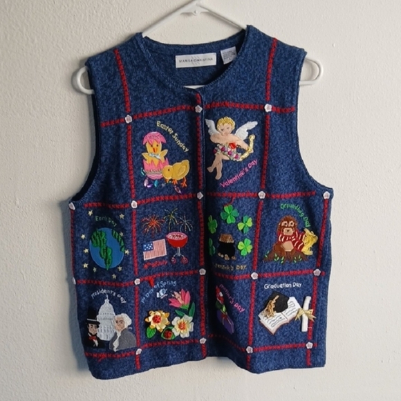 Marisa Christina Other - Vintage Marisa Christina Navy Blue Knit Embroided Calendar Vest Size Large